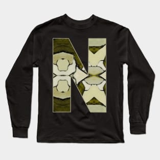 Letter N Monogram Initial Olive Green Pearl White Aesthetic Abstract Pattern Painting On Canvas Long Sleeve T-Shirt